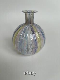 Venetian Murano Latticino Art Glass Vase Pink Blue Ribbon Twist