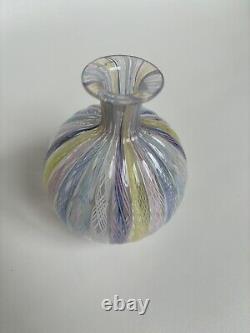 Venetian Murano Latticino Art Glass Vase Pink Blue Ribbon Twist