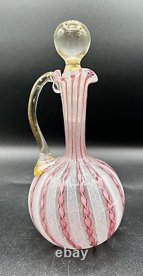 Venetian Murano Pink/White Latticino Ribbon Art Glass Cruet-Gold Accents 7 3/4