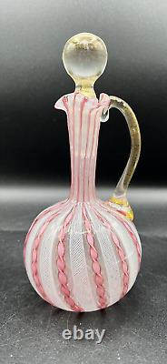 Venetian Murano Pink/White Latticino Ribbon Art Glass Cruet-Gold Accents 7 3/4