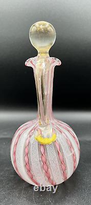 Venetian Murano Pink/White Latticino Ribbon Art Glass Cruet-Gold Accents 7 3/4