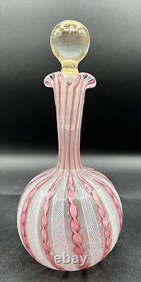 Venetian Murano Pink/White Latticino Ribbon Art Glass Cruet-Gold Accents 7 3/4