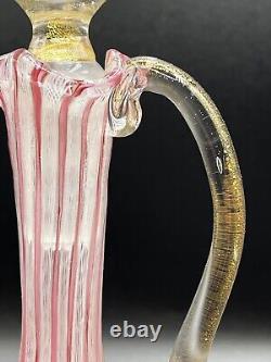 Venetian Murano Pink/White Latticino Ribbon Art Glass Cruet-Gold Accents 7 3/4
