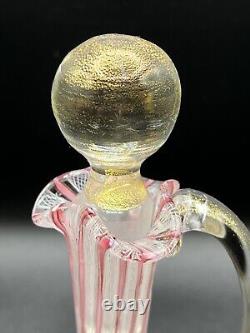 Venetian Murano Pink/White Latticino Ribbon Art Glass Cruet-Gold Accents 7 3/4
