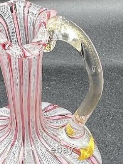 Venetian Murano Pink/White Latticino Ribbon Art Glass Cruet-Gold Accents 7 3/4