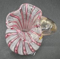 Venetian Murano Pink/White Latticino Ribbon Art Glass Cruet-Gold Accents 7 3/4