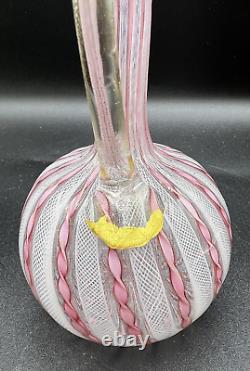 Venetian Murano Pink/White Latticino Ribbon Art Glass Cruet-Gold Accents 7 3/4