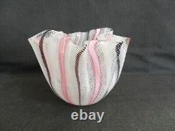 Venini Murano glass Black pink & white Filigree pattern hankerchief vase