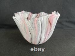 Venini Murano glass Black pink & white Filigree pattern hankerchief vase