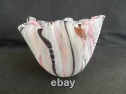 Venini Murano glass Black pink & white Filigree pattern hankerchief vase
