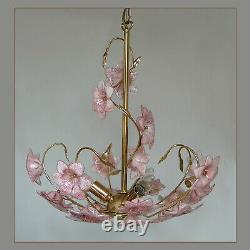 Venini Vintage Italian Murano Art Glass Pink Flowers Chandelier Ceiling Light