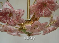 Venini Vintage Italian Murano Art Glass Pink Flowers Chandelier Ceiling Light