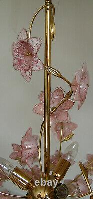 Venini Vintage Italian Murano Art Glass Pink Flowers Chandelier Ceiling Light