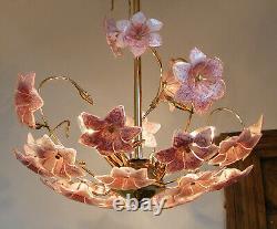 Venini Vintage Italian Murano Art Glass Pink Flowers Chandelier Ceiling Light