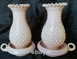 Very Rare Fenton Pale Pink Milk Glass Hobnail Finger Loop Hurricane Lamp