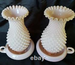 Very Rare Fenton Pale Pink Milk Glass Hobnail Finger Loop Hurricane Lamp