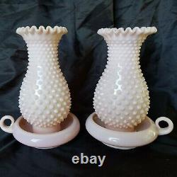 Very Rare Fenton Pale Pink Milk Glass Hobnail Finger Loop Hurricane Lamp