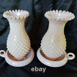 Very Rare Fenton Pale Pink Milk Glass Hobnail Finger Loop Hurricane Lamp