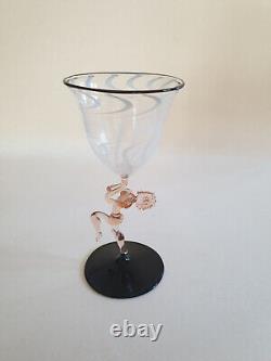 Very rare 30's Deco Bimini glass nude female stem peach pink black & white