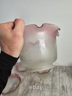 Vianne Art Glass Shade Large Fitter Pink Cranberry Trim Art Nouveau Set of 4