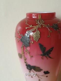 Victorian Antique Art Glass Harrach Vases with Enamel Decoration