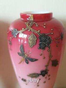 Victorian Antique Art Glass Harrach Vases with Enamel Decoration