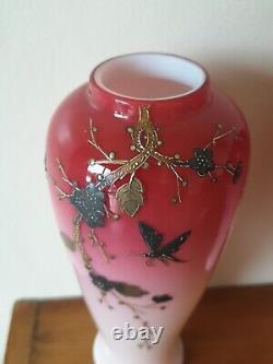 Victorian Antique Art Glass Harrach Vases with Enamel Decoration