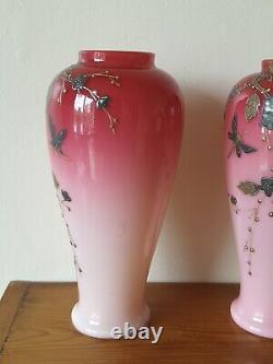 Victorian Antique Art Glass Harrach Vases with Enamel Decoration