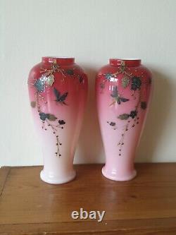 Victorian Antique Art Glass Harrach Vases with Enamel Decoration