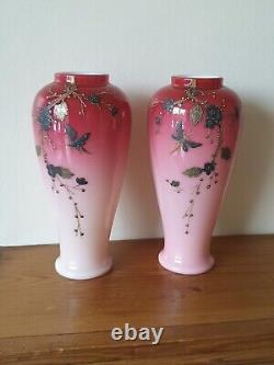 Victorian Antique Art Glass Harrach Vases with Enamel Decoration