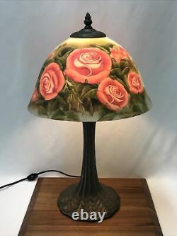 Victorian Art Deco Style Boudoir Table Lamp Reverse Painted Rose Pink Blue Green