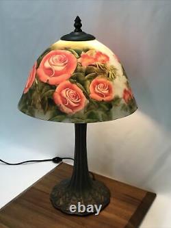 Victorian Art Deco Style Boudoir Table Lamp Reverse Painted Rose Pink Blue Green