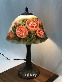 Victorian Art Deco Style Boudoir Table Lamp Reverse Painted Rose Pink Blue Green