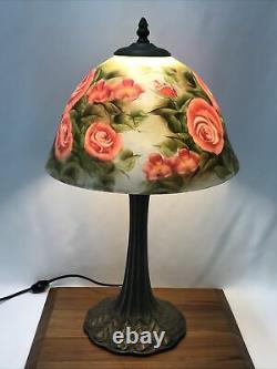 Victorian Art Deco Style Boudoir Table Lamp Reverse Painted Rose Pink Blue Green