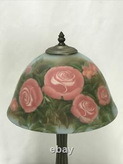 Victorian Art Deco Style Boudoir Table Lamp Reverse Painted Rose Pink Blue Green