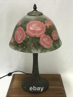 Victorian Art Deco Style Boudoir Table Lamp Reverse Painted Rose Pink Blue Green