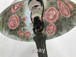 Victorian Art Deco Style Boudoir Table Lamp Reverse Painted Rose Pink Blue Green