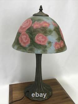 Victorian Art Deco Style Boudoir Table Lamp Reverse Painted Rose Pink Blue Green