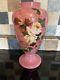 Victorian Art Glass Hand Painted Enameled Pink Opaline Large 14Vase 19th C