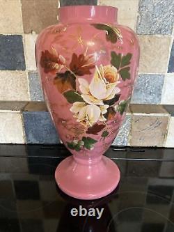 Victorian Art Glass Hand Painted Enameled Pink Opaline Large 14Vase 19th C