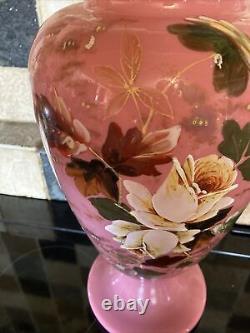 Victorian Art Glass Hand Painted Enameled Pink Opaline Large 14Vase 19th C