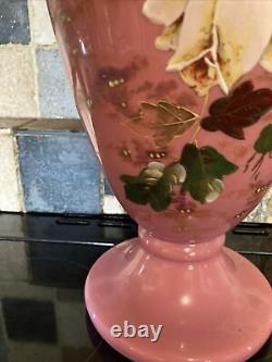 Victorian Art Glass Hand Painted Enameled Pink Opaline Large 14Vase 19th C