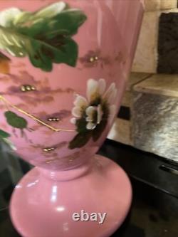 Victorian Art Glass Hand Painted Enameled Pink Opaline Large 14Vase 19th C