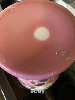 Victorian Art Glass Hand Painted Enameled Pink Opaline Large 14Vase 19th C