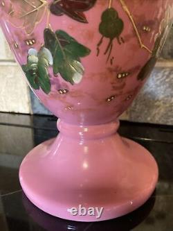 Victorian Art Glass Hand Painted Enameled Pink Opaline Large 14Vase 19th C