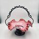 Victorian Brides Basket Cased Pink and White Art Glass Bowl Silverplated Frame