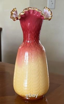 Victorian Cased Art Glass 10 1/4 Vase, Amber Rim, Drapery Pattern, c. 1900