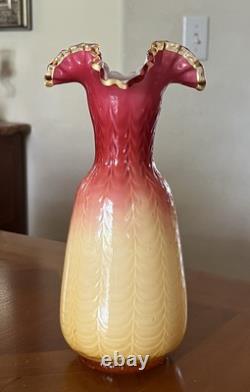 Victorian Cased Art Glass 10 1/4 Vase, Amber Rim, Drapery Pattern, c. 1900