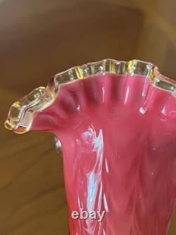 Victorian Cased Art Glass 10 1/4 Vase, Amber Rim, Drapery Pattern, c. 1900