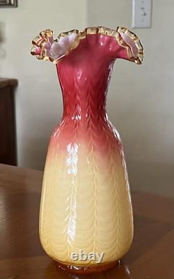 Victorian Cased Art Glass 10 1/4 Vase, Amber Rim, Drapery Pattern, c. 1900